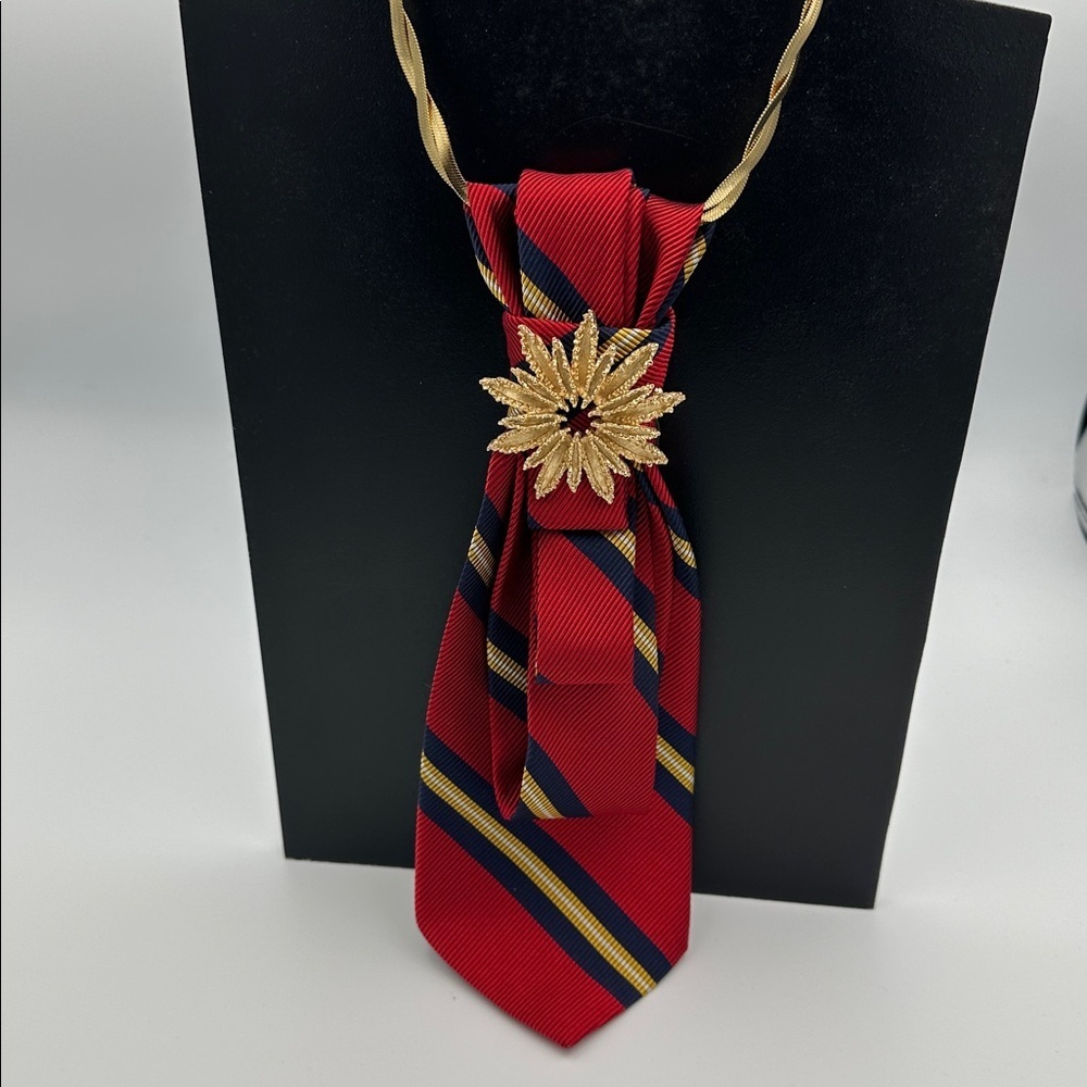 Tie Necklace Vintage Avon Brooch on Ralph Lauren Tie and Adornia Chain